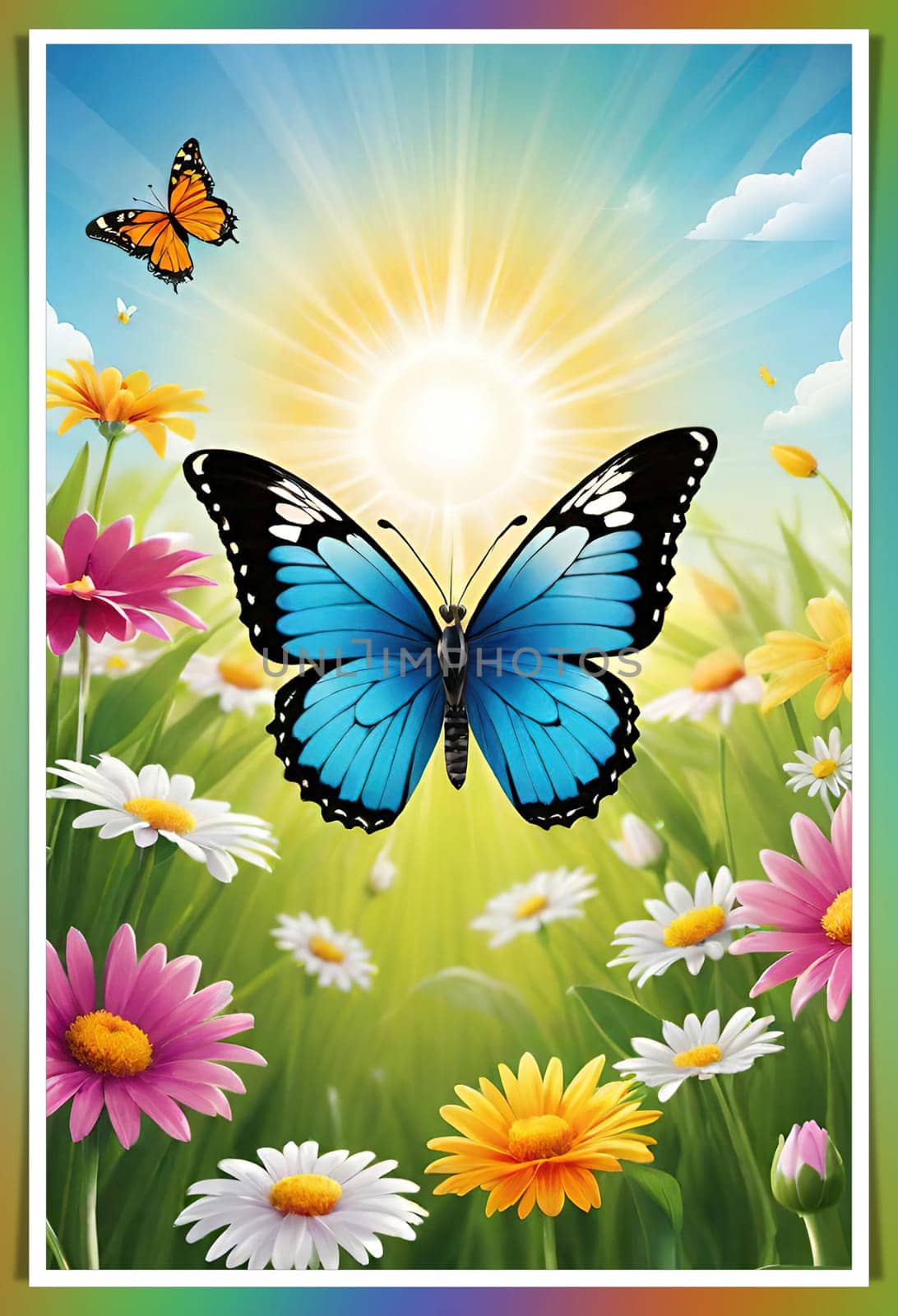 Colorful butterfly on daisy flowers with green grass and blue sky.Colorful daisies and butterfly on the background of the summer landscape.Spring meadow with daisies and butterfly. Vector illustration.Nature background.