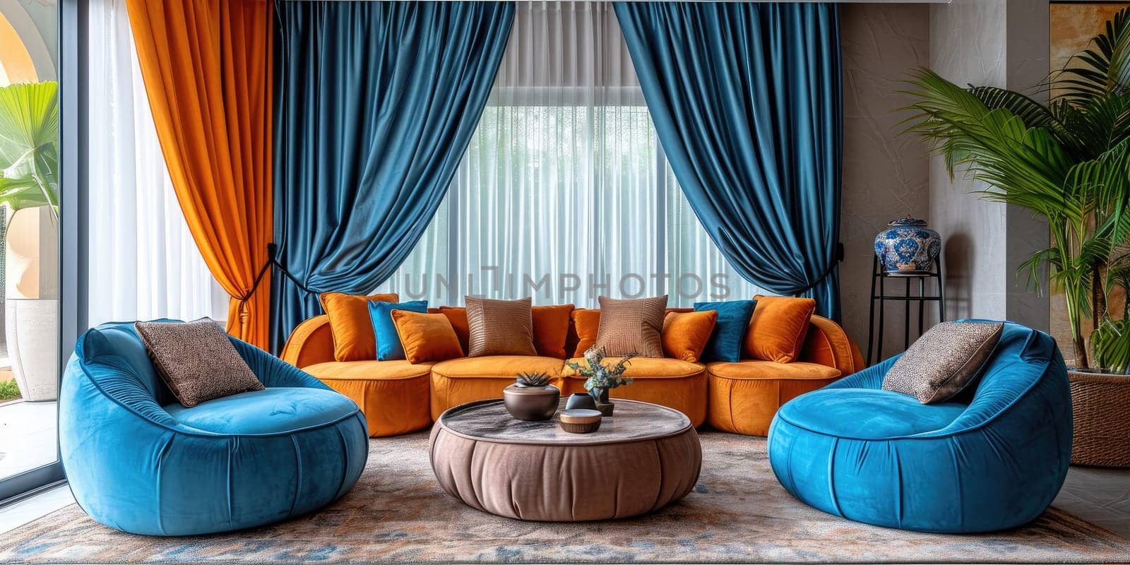 Cozy Sofa in Living room with blue curtains at modern home. Generative AI by itchaznong