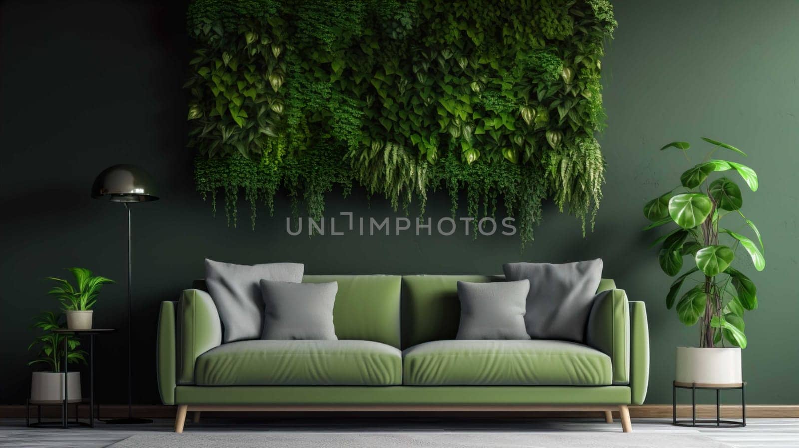   Modern Living Room Interior With Green Plants, Sofa And Green Wall Background Modern Living Room Interior With Green Plants  , Generate AI by Mrsongrphc