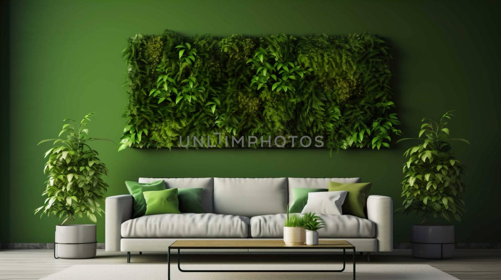   Modern Living Room Interior With Green Plants, Sofa And Green Wall Background Modern Living Room Interior With Green Plants  , Generate AI