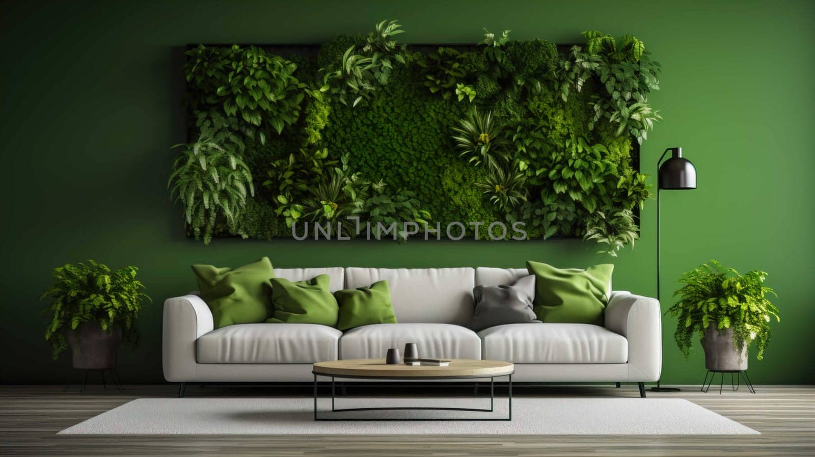   Modern Living Room Interior With Green Plants, Sofa And Green Wall Background Modern Living Room Interior With Green Plants  , Generate AI