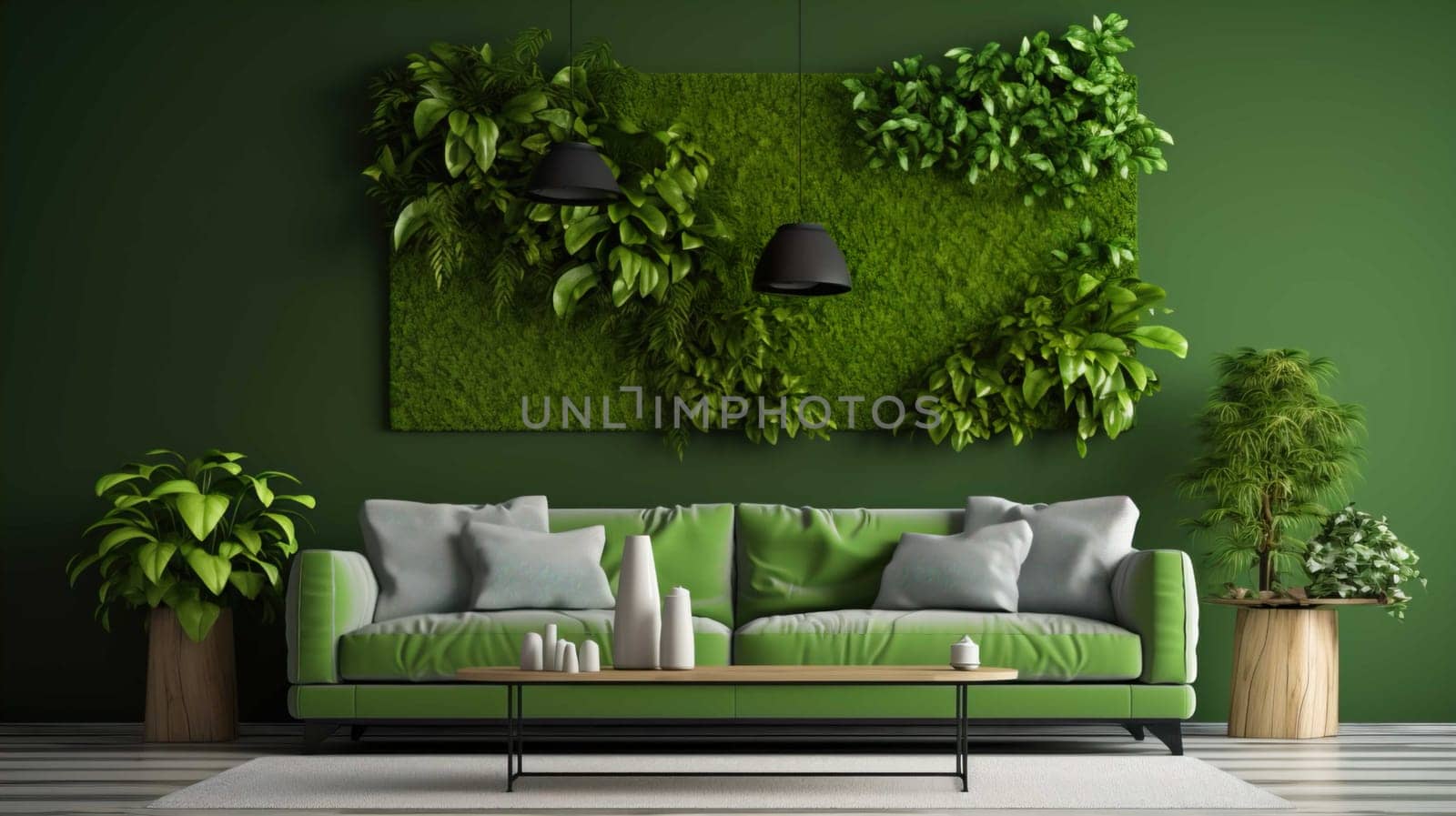   Modern Living Room Interior With Green Plants, Sofa And Green Wall Background Modern Living Room Interior With Green Plants  , Generate AI by Mrsongrphc