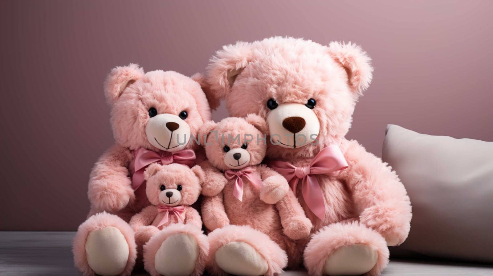  Big and small very soft teddy bears, brown and pink , white background, photo studio light, focus , Generate AI