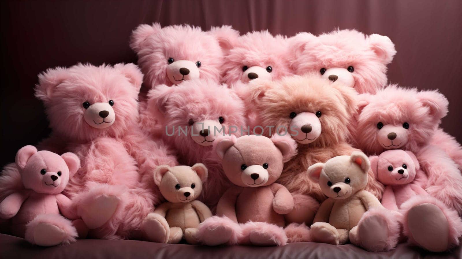  Big and small very soft teddy bears, brown and pink , white background, photo studio light, focus , Generate AI