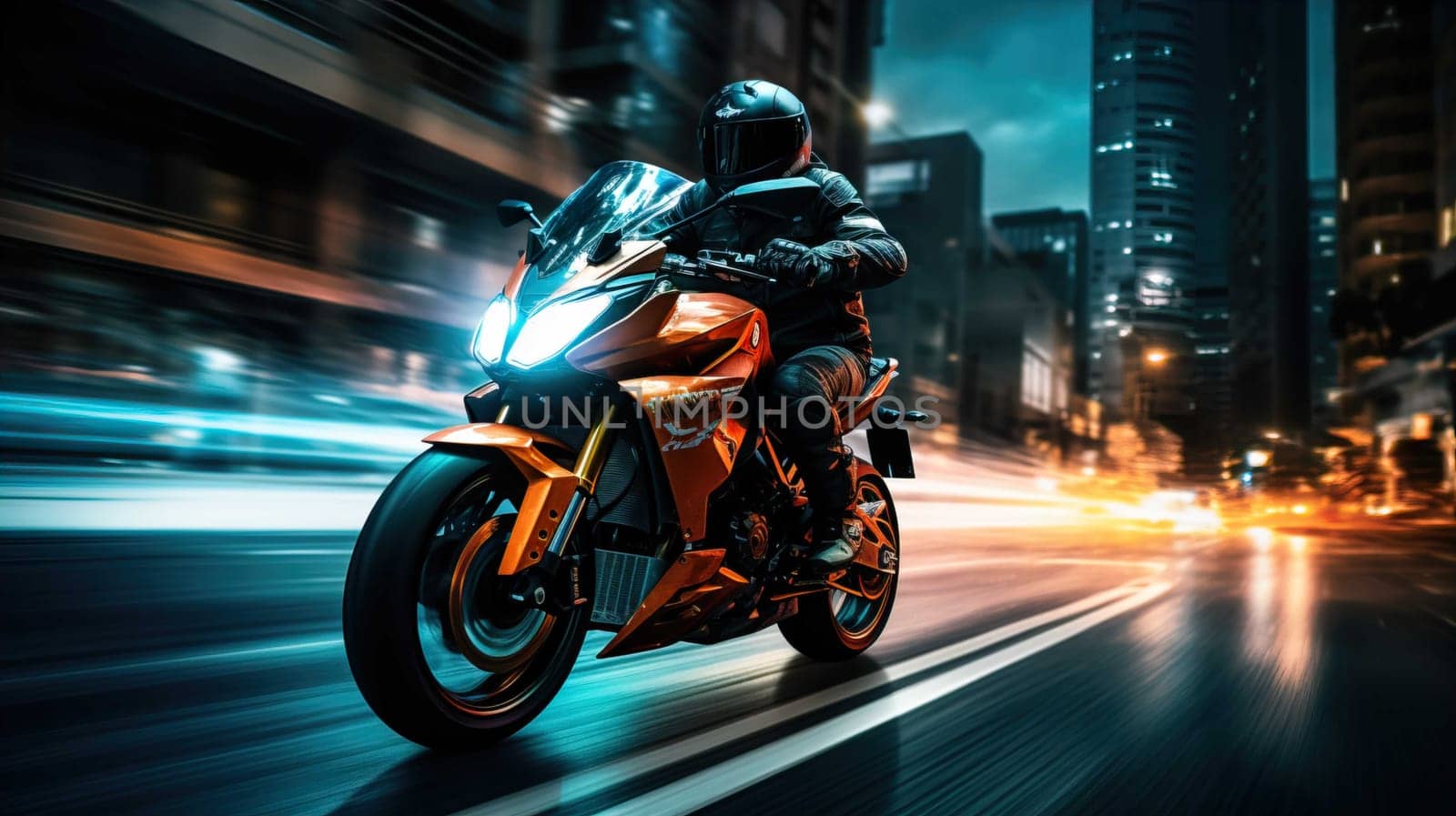 Night motorcycle driving downtown colorful on city streets , like colorful flashes, flash light car photo , Generate AI by Mrsongrphc