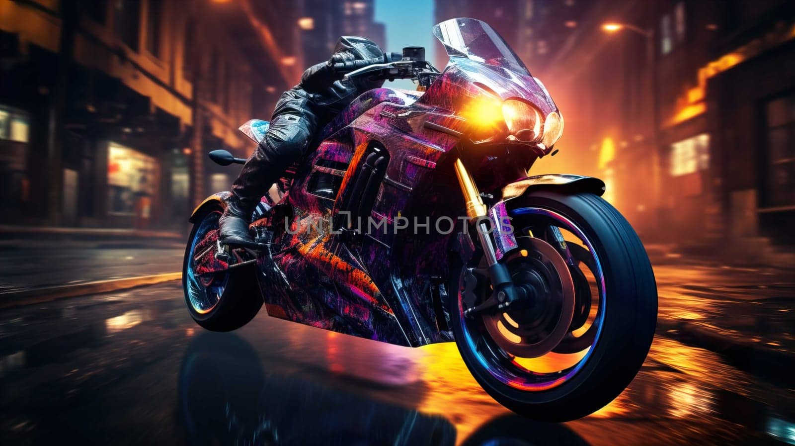 Night motorcycle driving downtown colorful on city streets , like colorful flashes, flash light car photo , Generate AI by Mrsongrphc