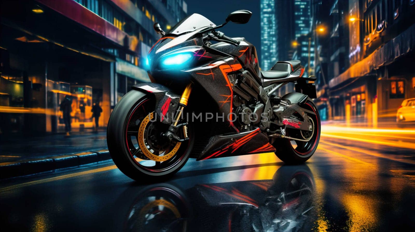 Night motorcycle driving downtown colorful on city streets , like colorful flashes, flash light car photo , Generate AI by Mrsongrphc