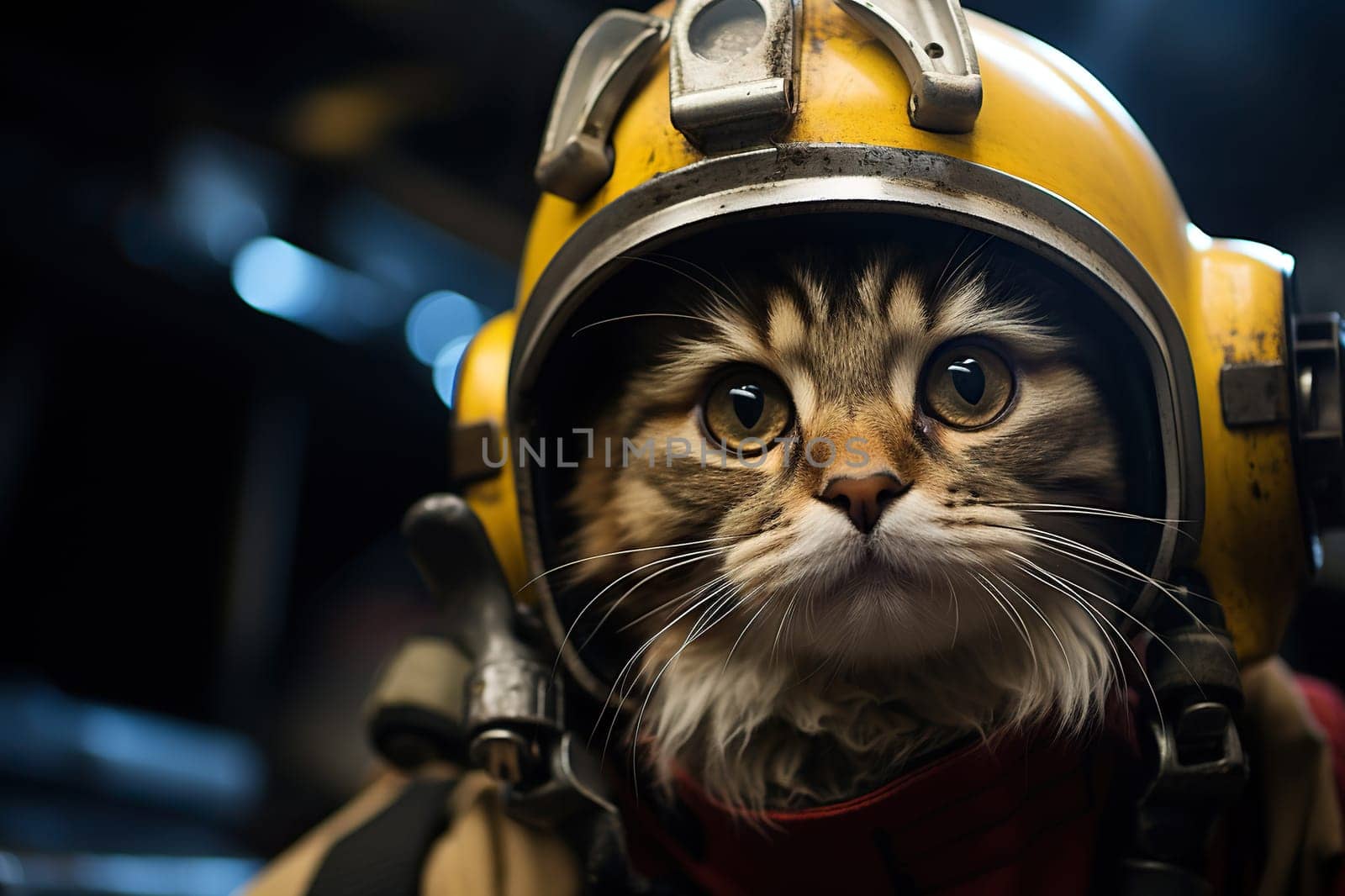 Gray cat in a vintage diver's suit.