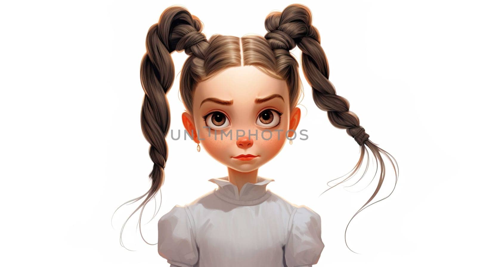 cartoons, network, girl with 2 pigtails, white background , Generate AI