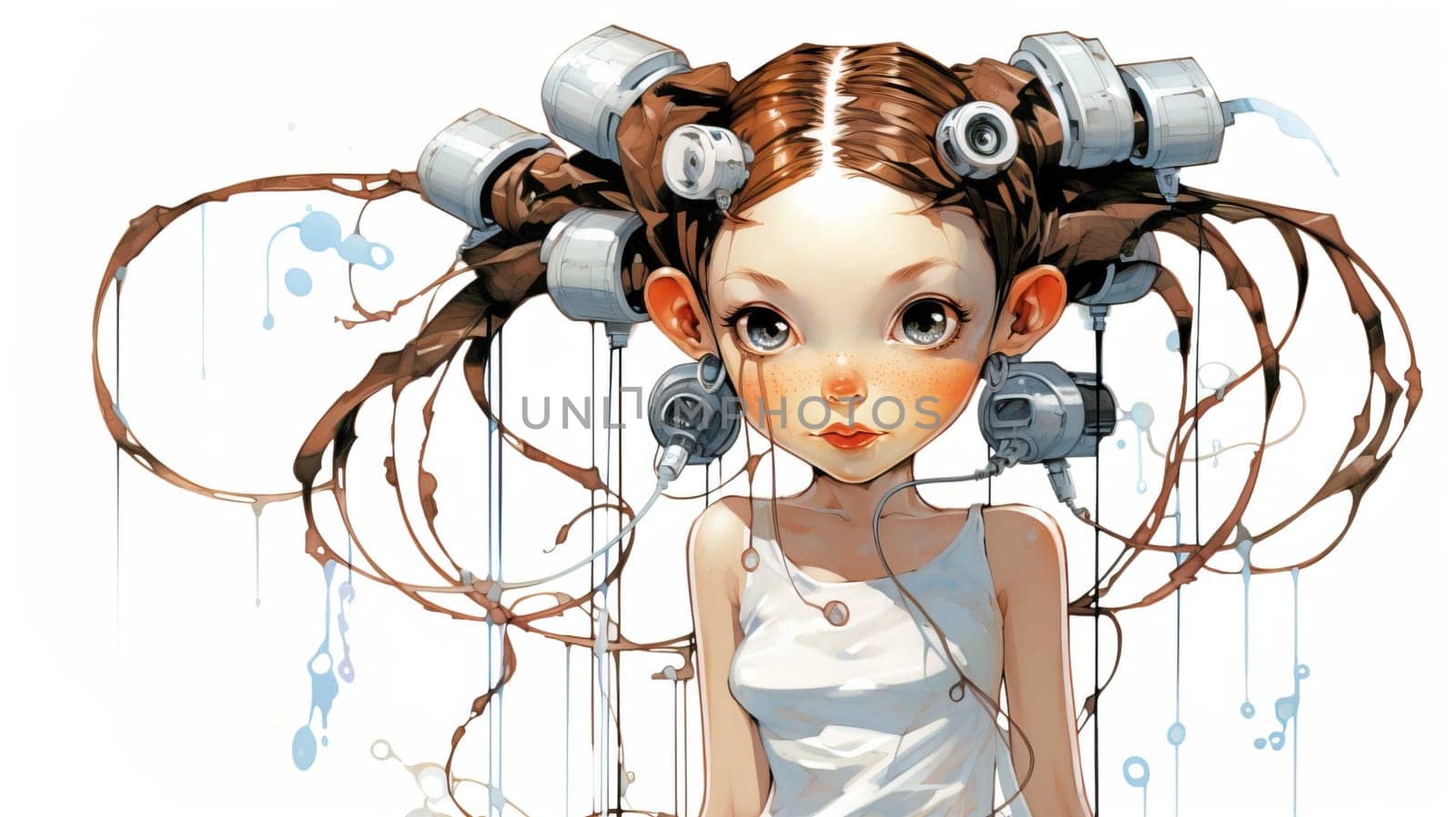 cartoons, network, girl with 2 pigtails, white background , Generate AI