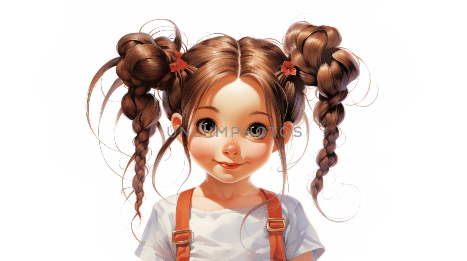 cartoons, network, girl with 2 pigtails, white background , Generate AI