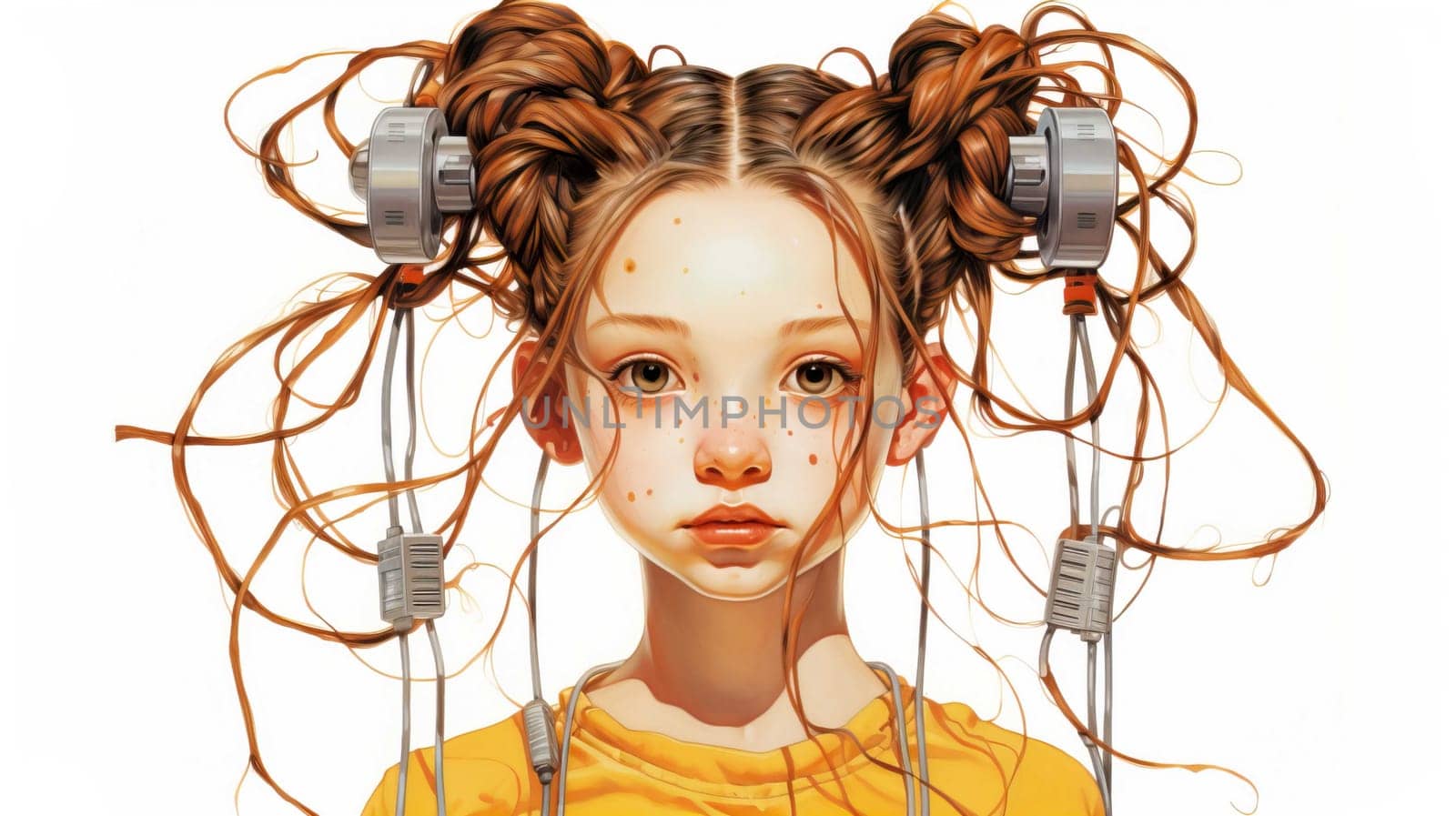 cartoons, network, girl with 2 pigtails, white background , Generate AI