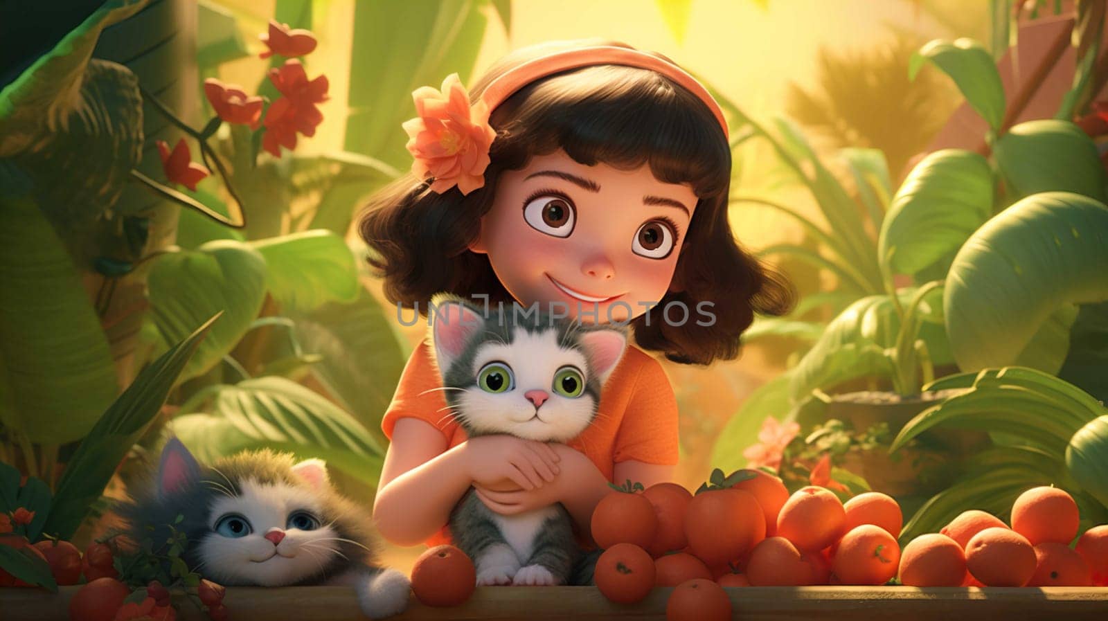   little girl holding a pet cat, in a fruit garden , Generate AI