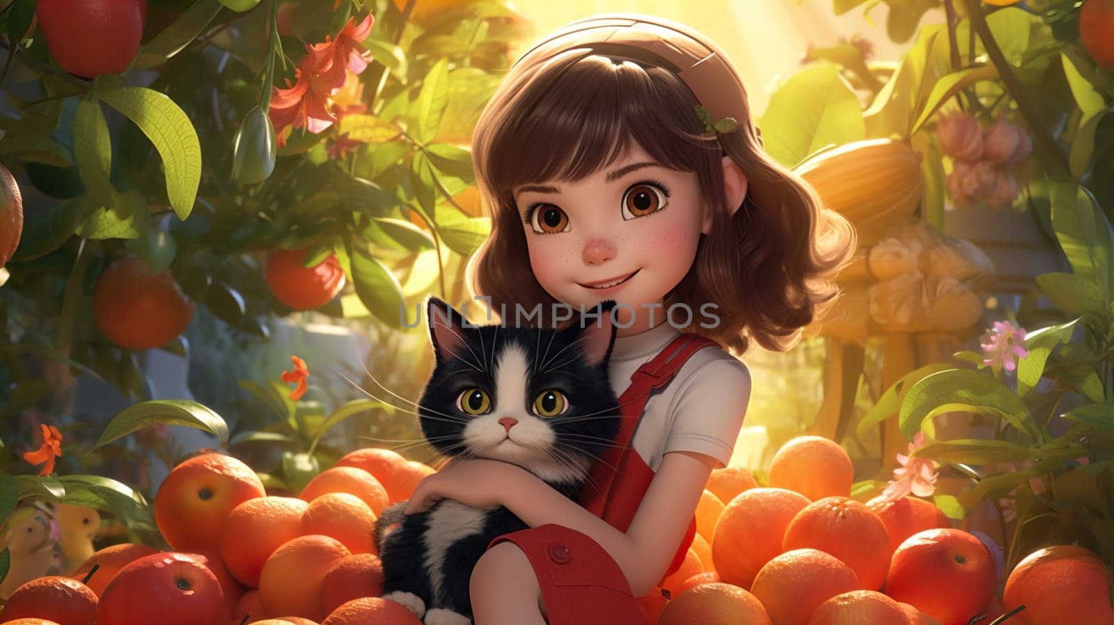   little girl holding a pet cat, in a fruit garden , Generate AI