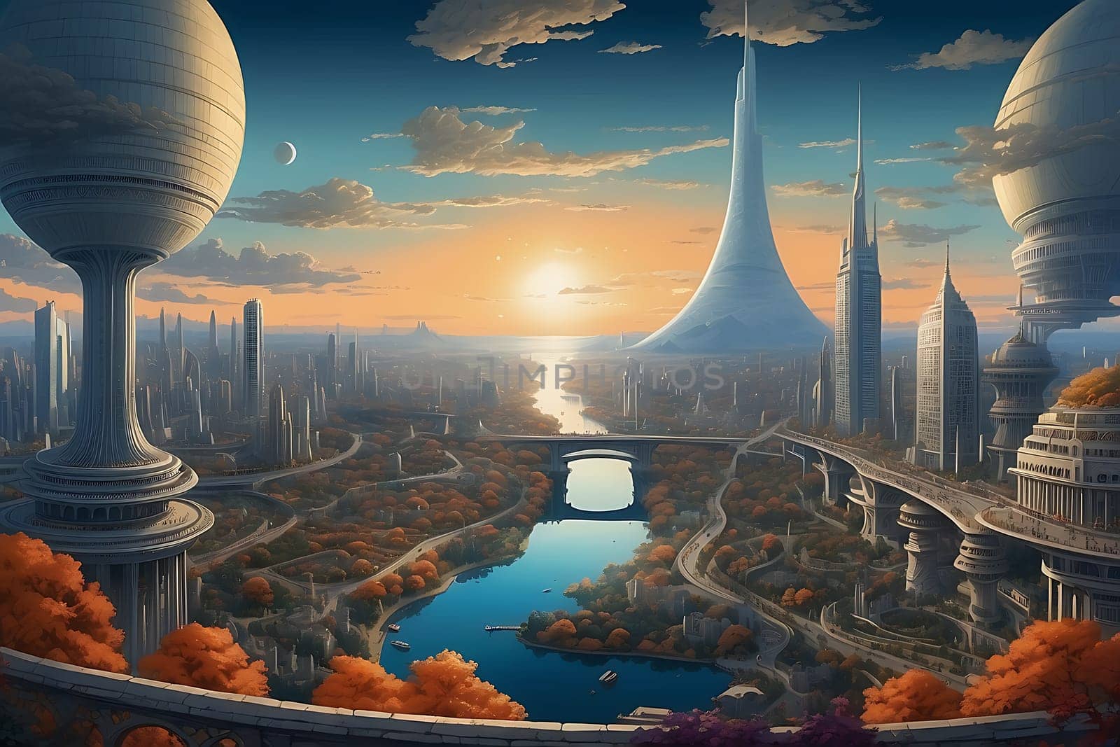A mesmerizing painting portraying a futuristic city characterized by towering structures, complemented by a tranquil river that flows through the urban landscape.
