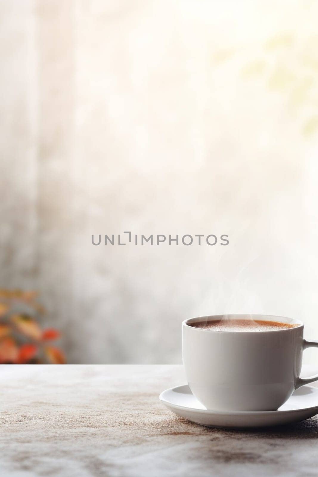 Latte, coffee or cappuccino mug on wooden table in a cafe, beautiful with natural light, vintage tones, food and drink. Copy space for text banner.