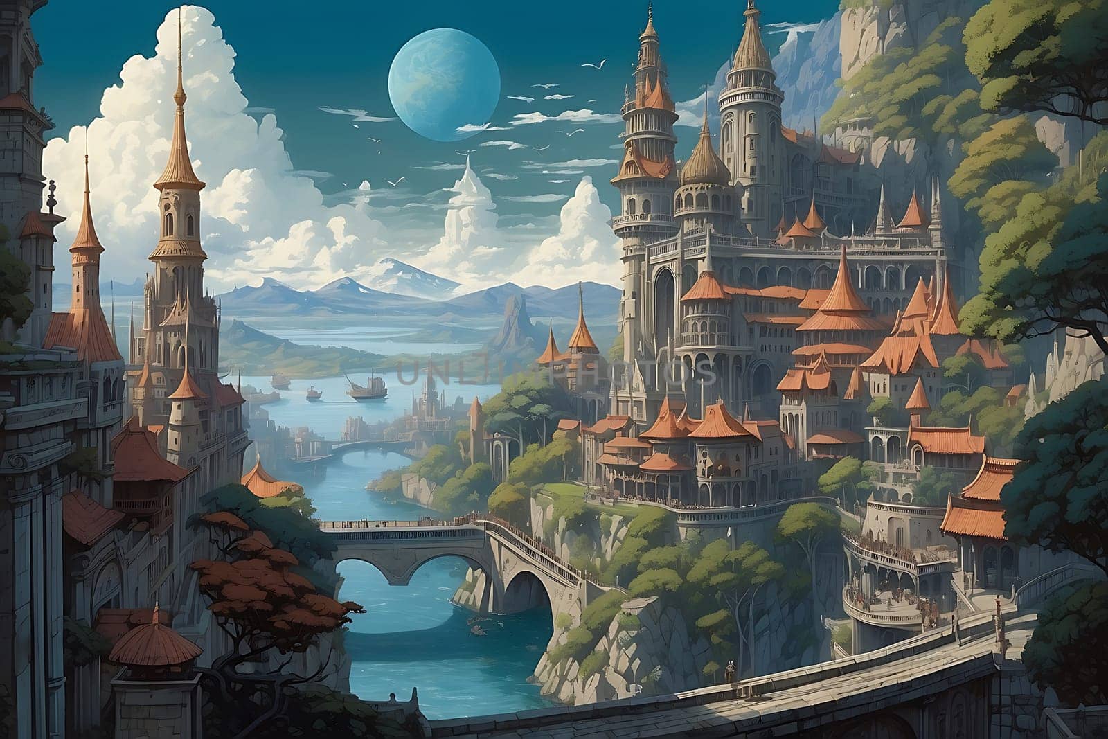 A beautiful painting of a castle with a bridge in front of it, capturing a serene and majestic scene.