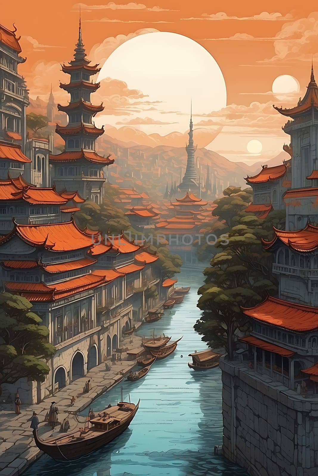 A vibrant painting capturing the beautiful scene of a river flowing through a bustling city.