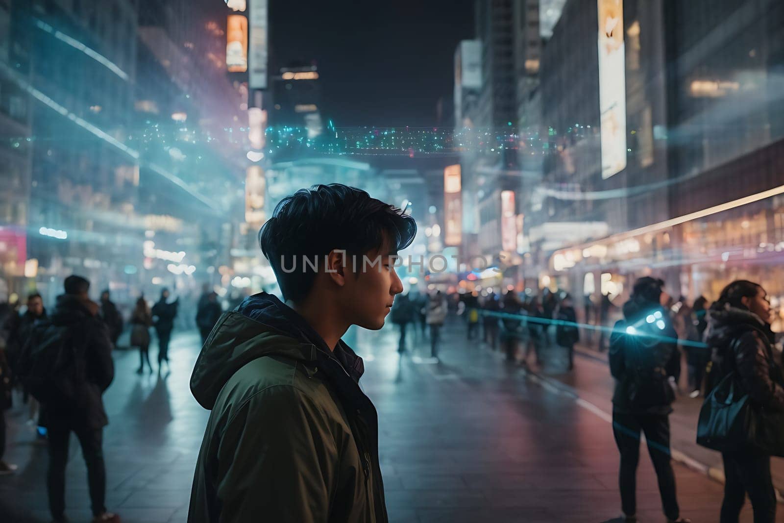 A man confidently stands in the middle of a bustling city street, undeterred by the surrounding chaos.