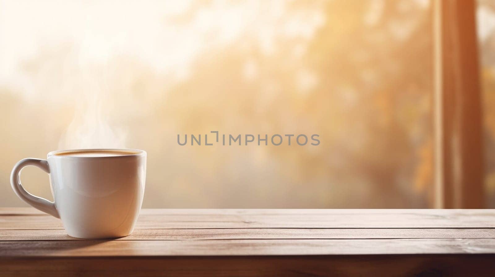 Latte, coffee or cappuccino mug on wooden table in a cafe, beautiful with natural light, vintage tones, food and drink. Copy space for text banner.