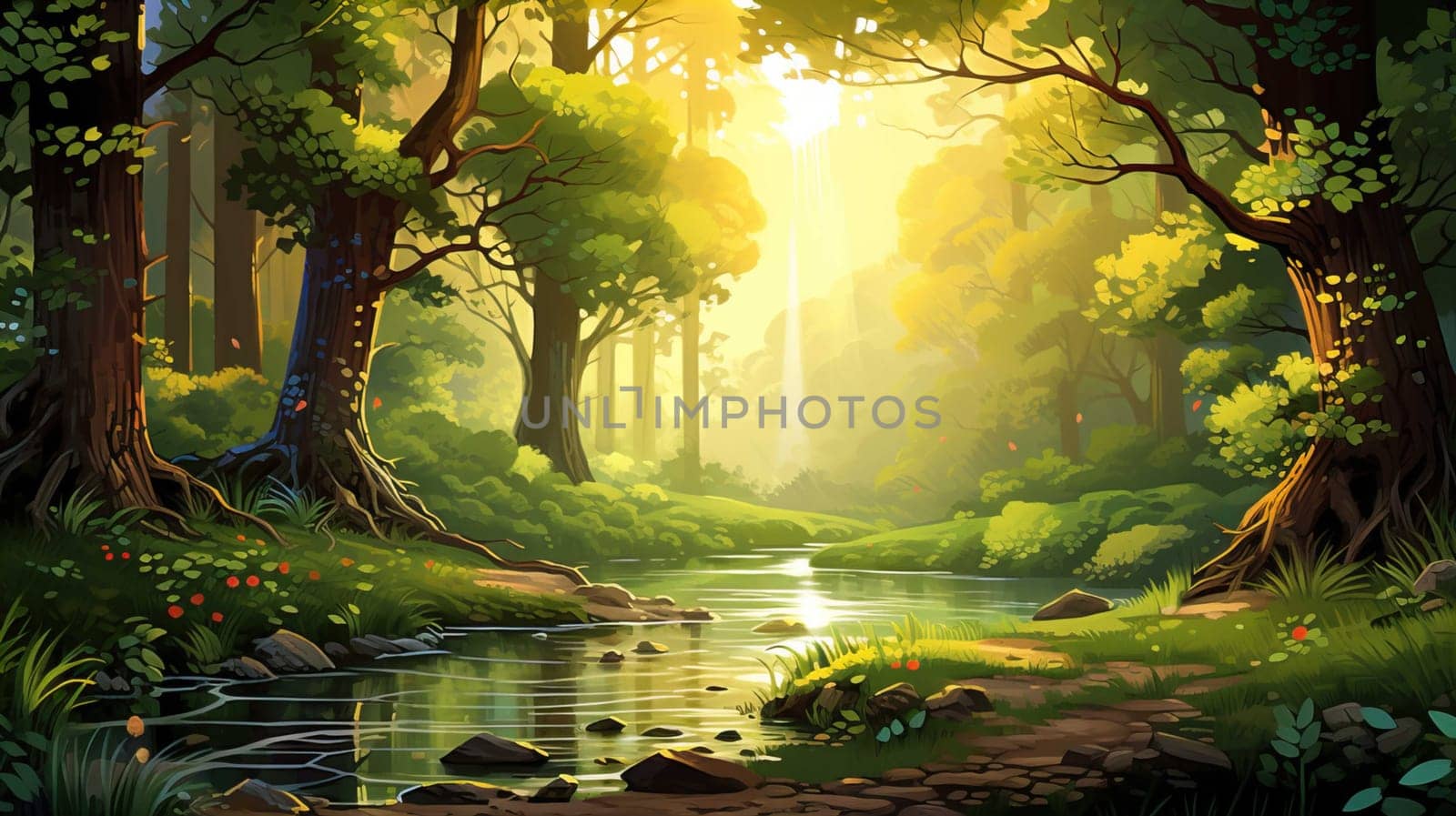 background wallpaper illustrator, Trees in forest , fresh green splash water , yellow ligh sun moorning  , Generate AI