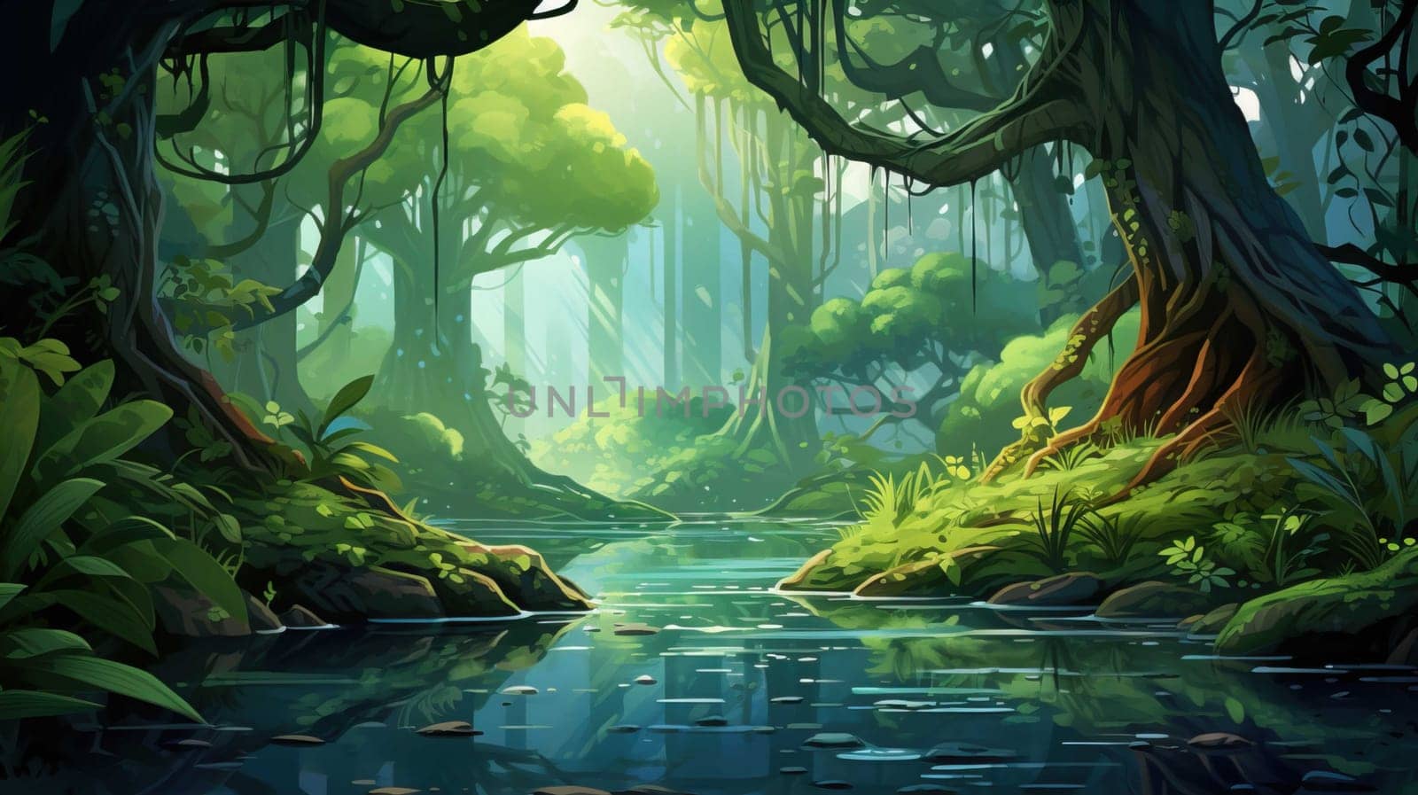 background wallpaper illustrator, Trees in forest , fresh green splash water , yellow ligh sun moorning  , Generate AI