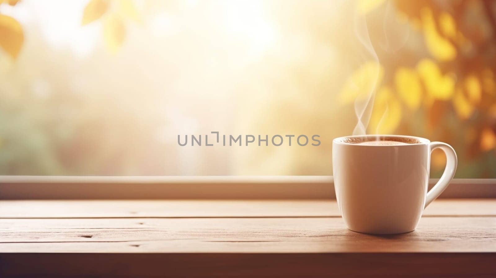 Latte, coffee or cappuccino mug on wooden table in a cafe, beautiful with natural light, vintage tones, food and drink. Copy space for text banner by sergeykoshkin