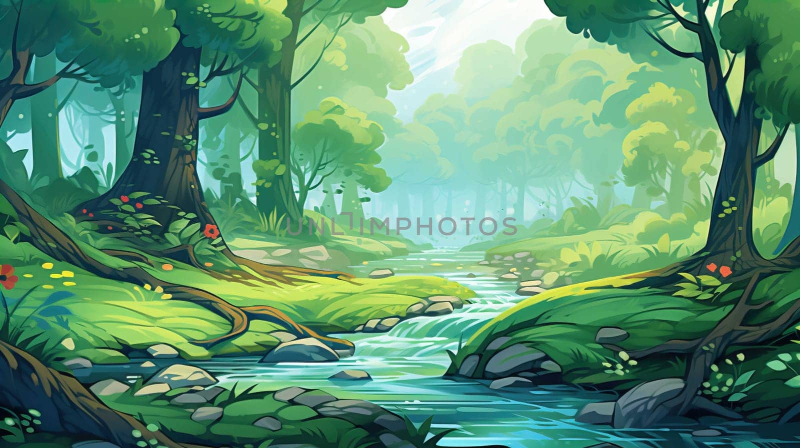 background wallpaper illustrator, Trees in forest , fresh green splash water , yellow ligh sun moorning  , Generate AI