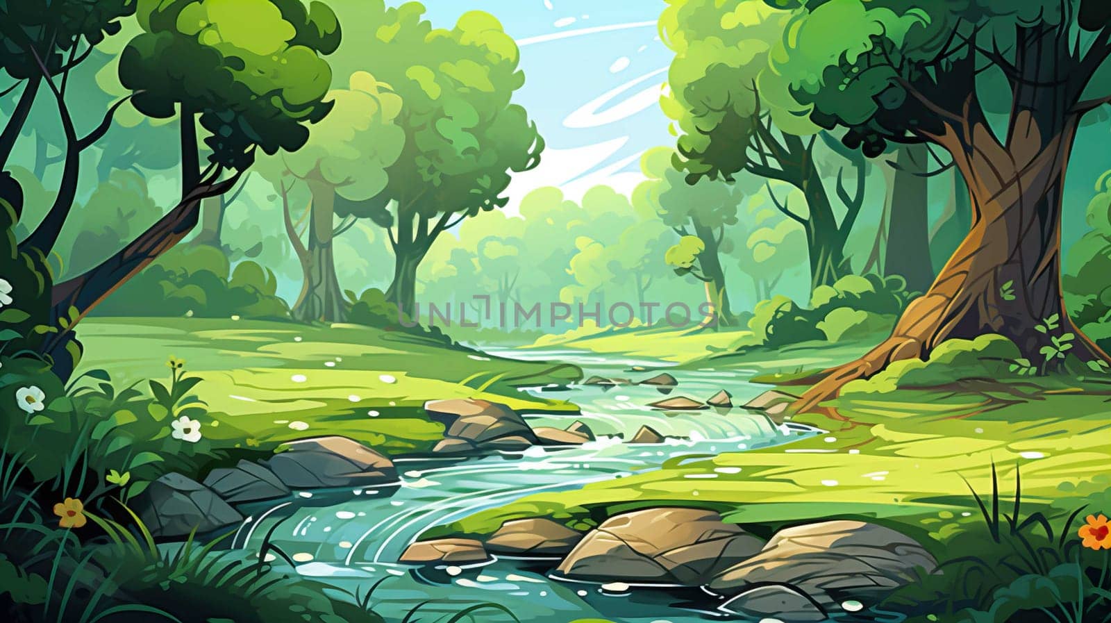 background wallpaper illustrator, Trees in forest , fresh green splash water , yellow ligh sun moorning  , Generate AI