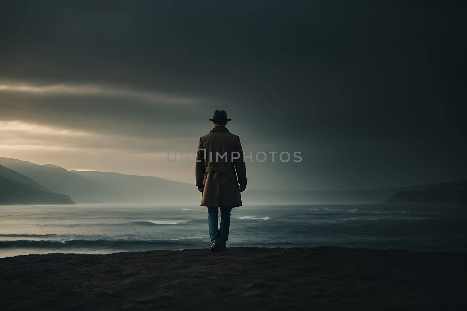 A mysterious man in a trench coat and hat stands on the beach, watching the tranquil scenery.