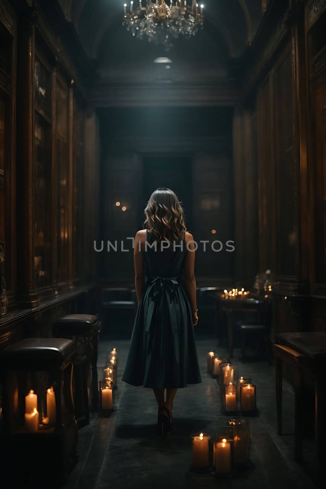 A woman sitting in a dimly lit room surrounded by flickering candles, creating an atmosphere of mystery and tranquility.