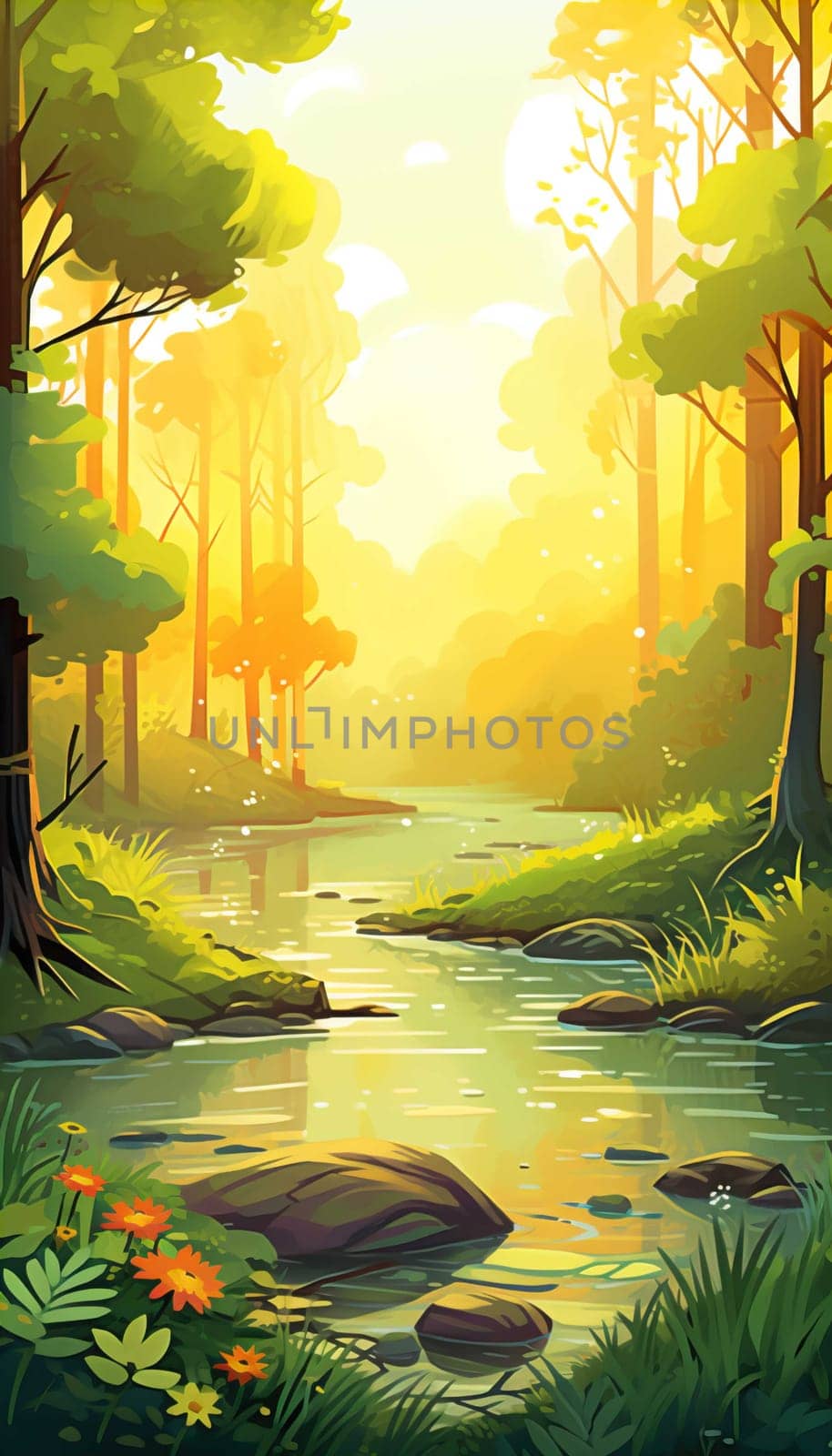 background wallpaper illustrator, Trees in forest , fresh green splash water , yellow ligh sun moorning  , Generate AI