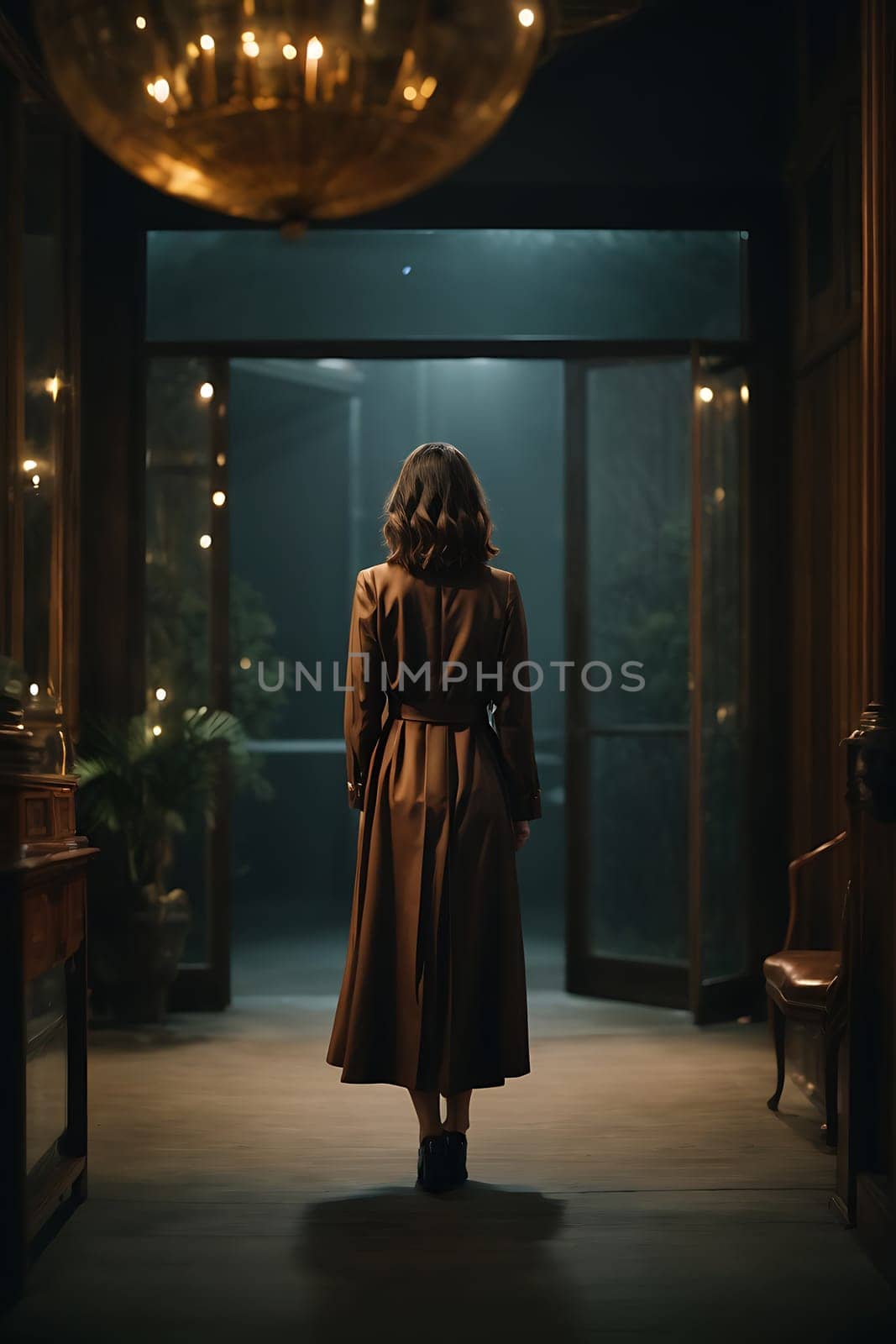 Woman in Trench Coat Standing in Dark Hallway. Generative AI. by artofphoto