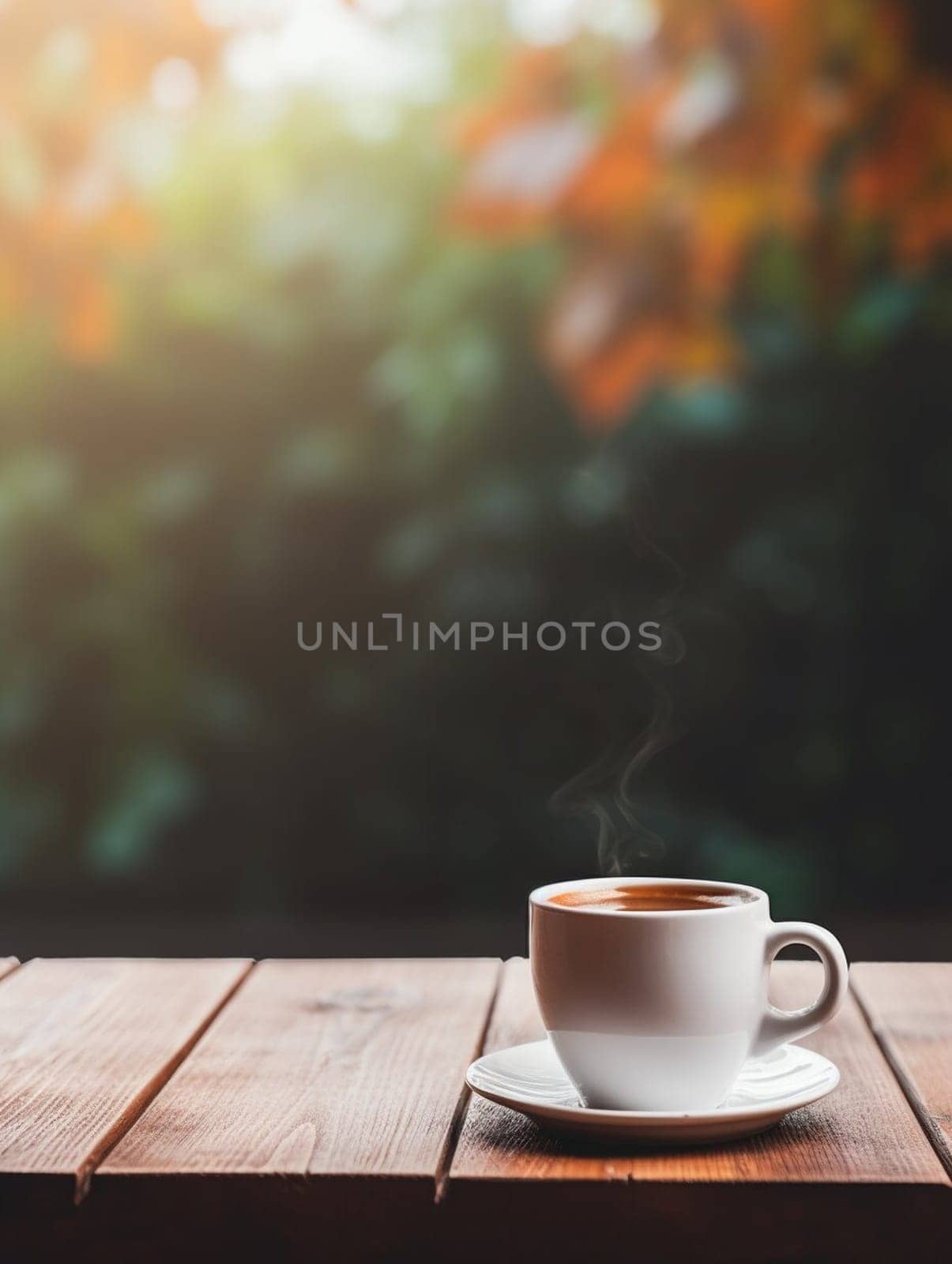 Latte, coffee or cappuccino mug on wooden table in a cafe, beautiful with natural light, vintage tones, food and drink. Copy space for text banner.