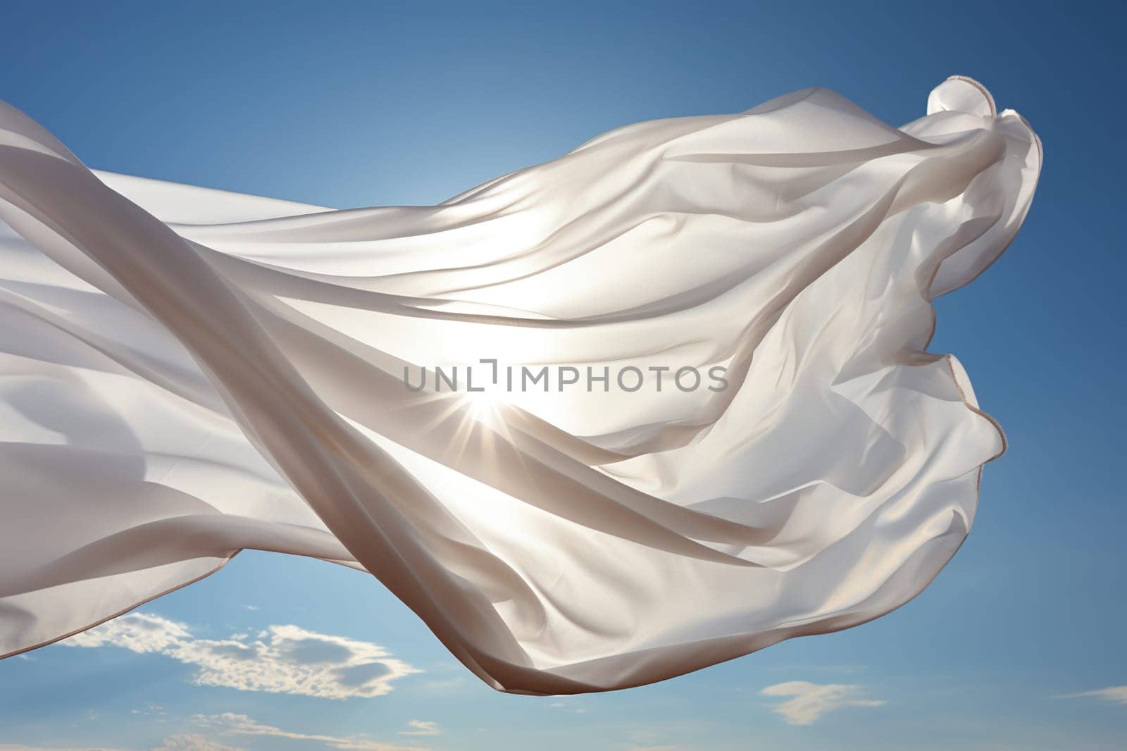 A clean white flag flutters in the wind in the blue sky.