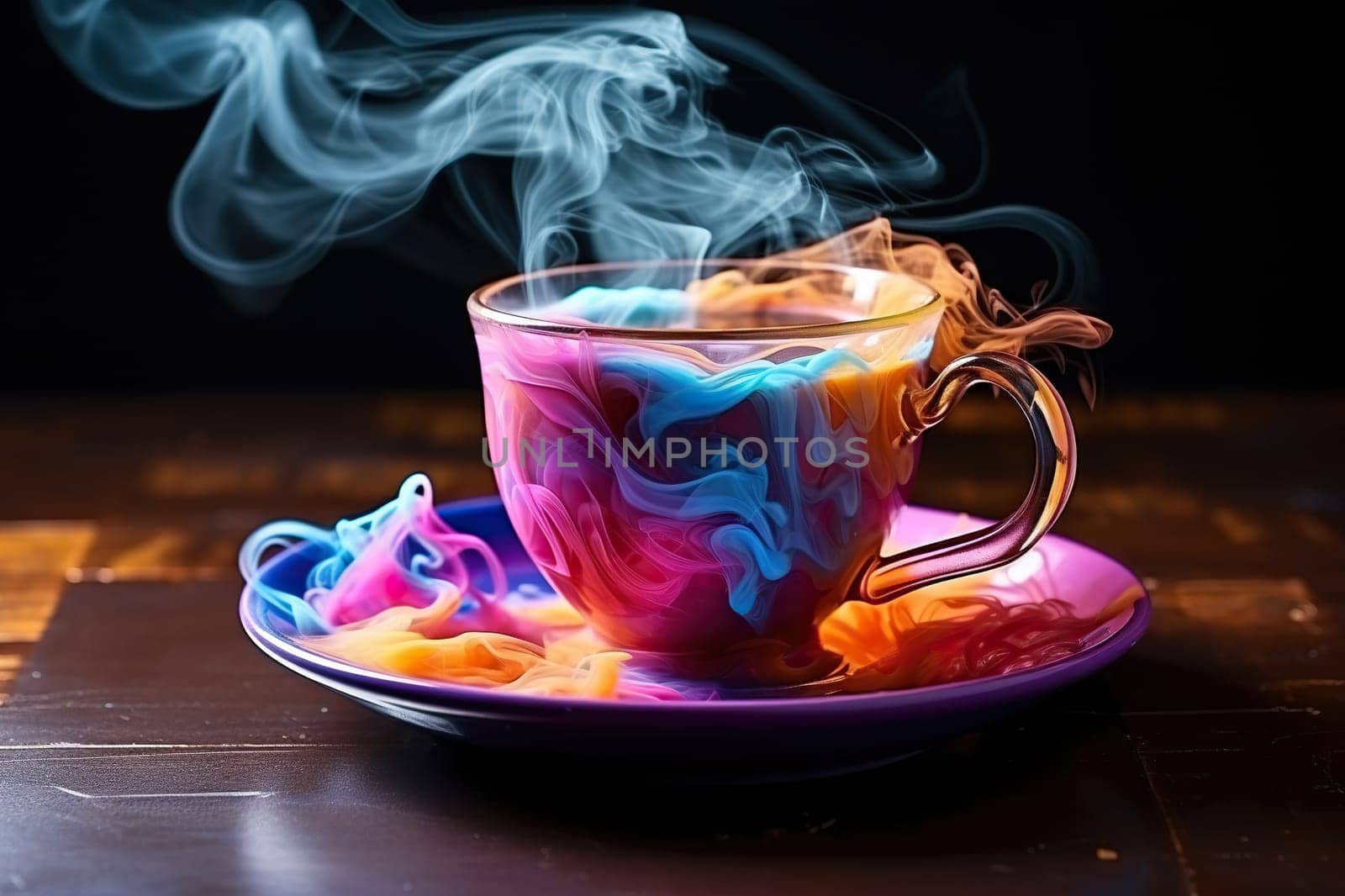 Multi-colored ink in a cup and saucer on the bar counter. Generated by artificial intelligence by Vovmar