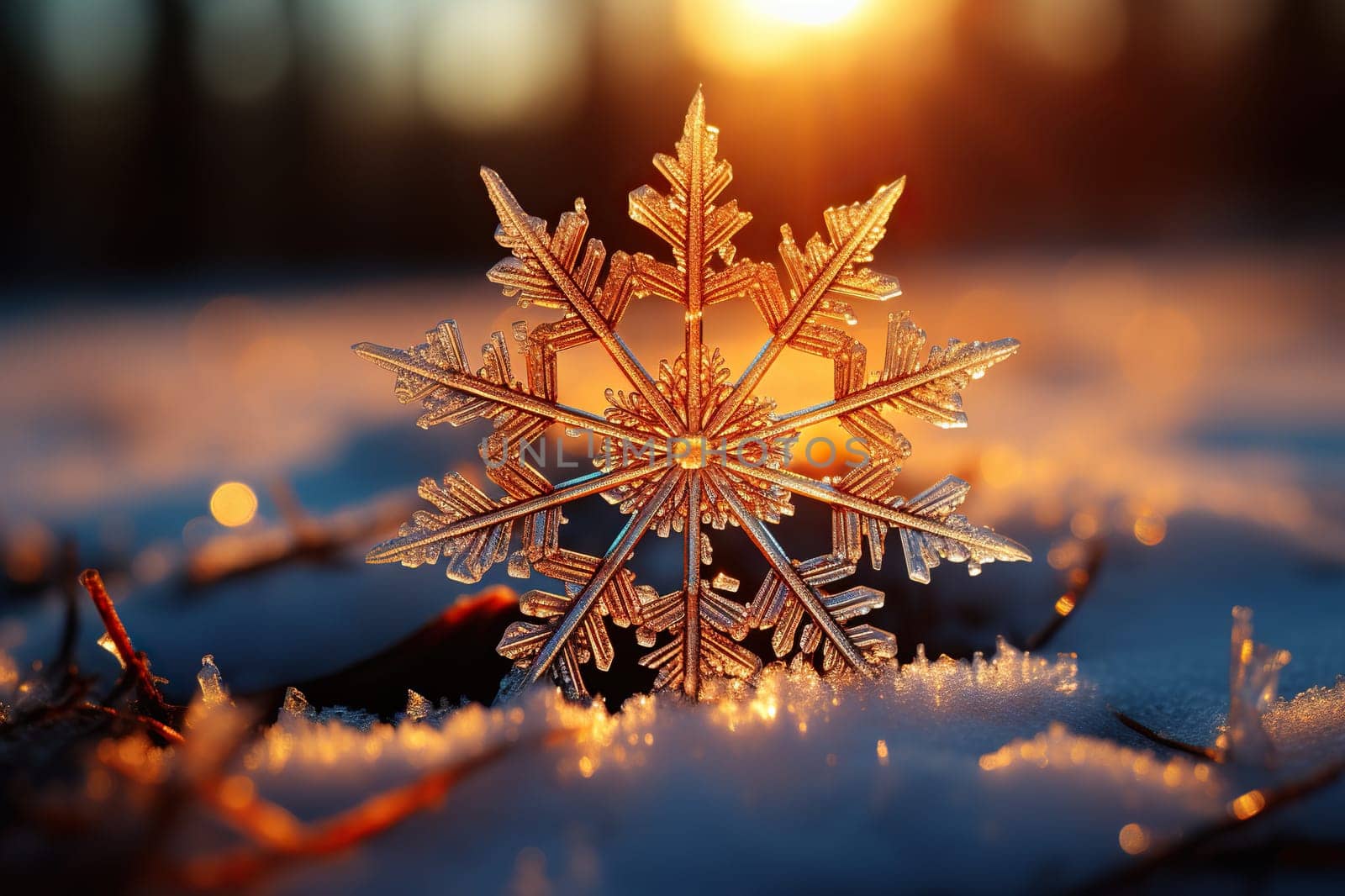 Beautiful crystal snowflake on the snow in the rays of the sun. Winter background.