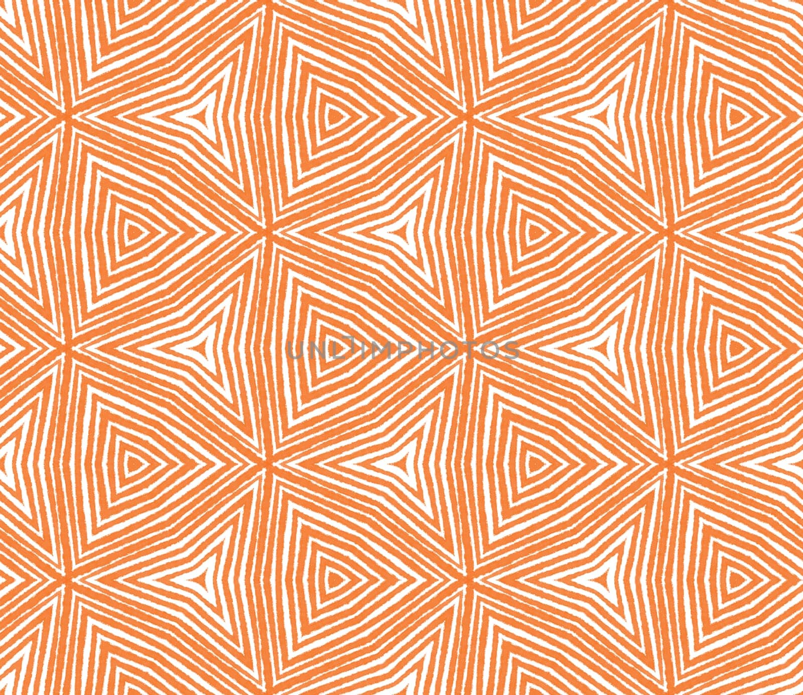 Ikat repeating swimwear design. Orange symmetrical kaleidoscope background. Textile ready wonderful print, swimwear fabric, wallpaper, wrapping. Summer ikat sweamwear pattern.