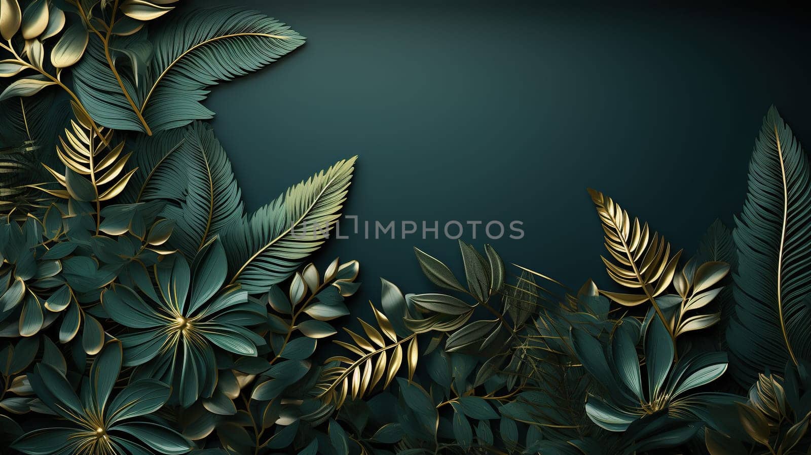 Dark green background with tropical leaves and space for text. Generated by artificial intelligence by Vovmar