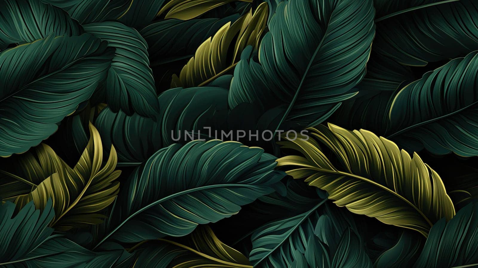 Dark green background with tropical leaves. Summer background. Generated by artificial intelligence by Vovmar