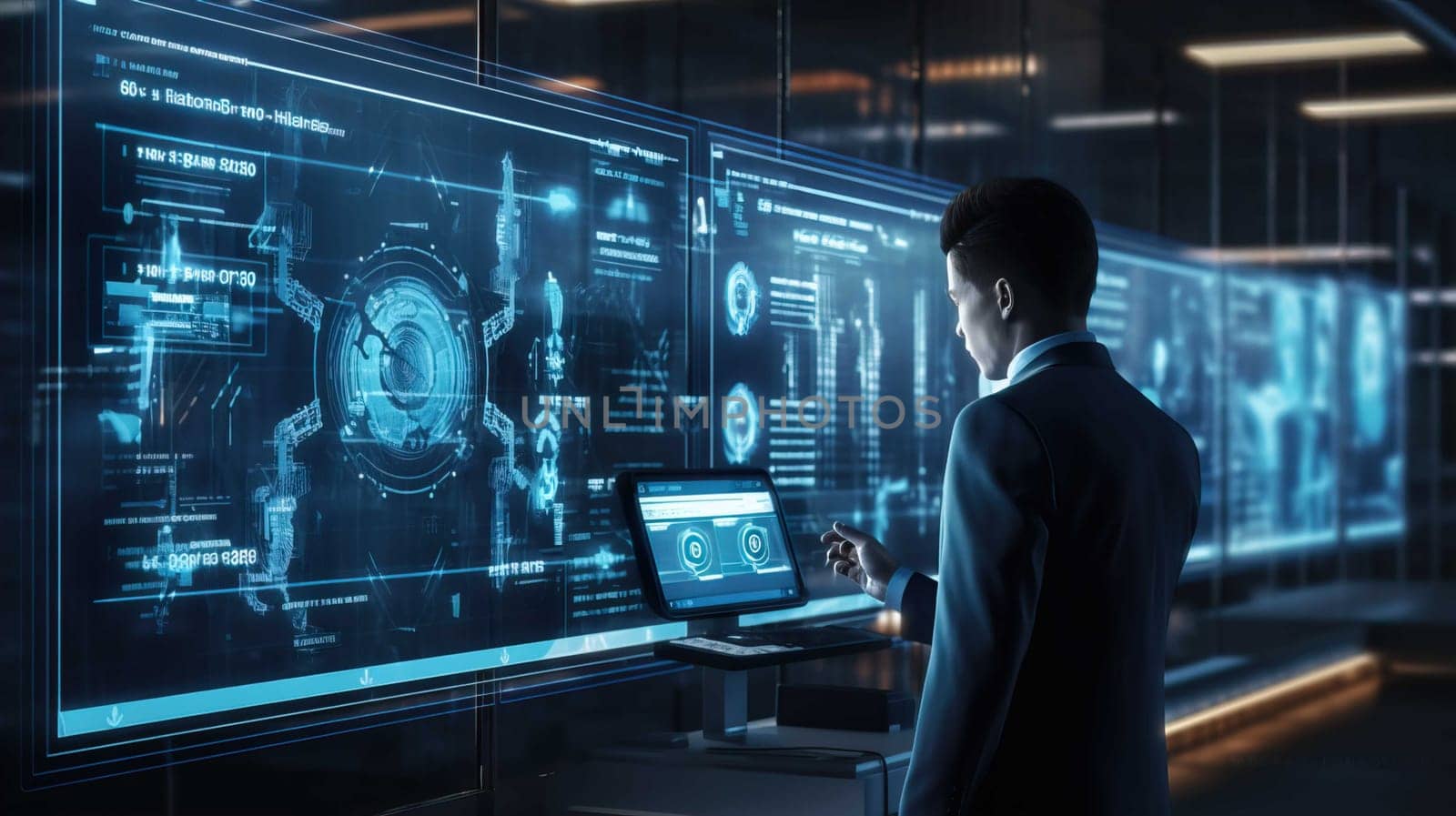 Artificial intelligence robot and binary ,Hologram of the artificial intelligence robot showing up from binary code , Generate AI