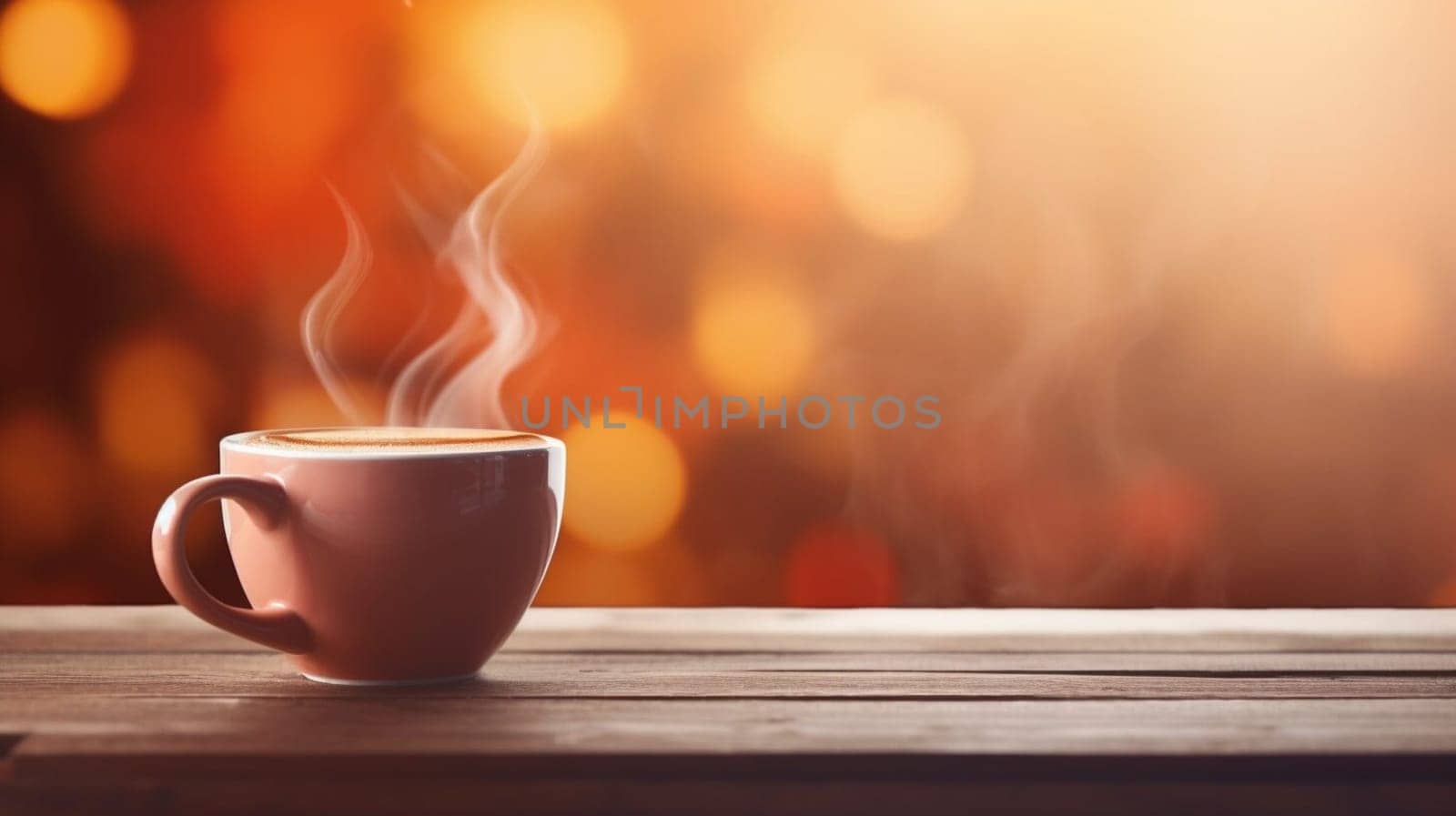 Latte, coffee or cappuccino mug on wooden table in a cafe, beautiful with natural light, vintage tones, food and drink. Copy space for text banner by sergeykoshkin