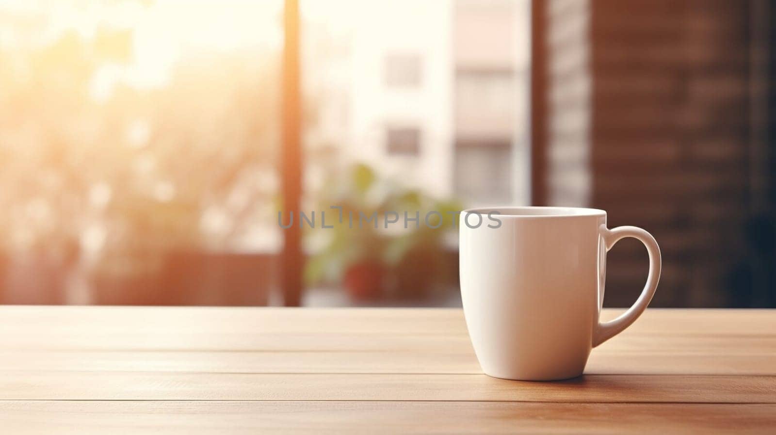 Latte, coffee or cappuccino mug on wooden table in a cafe, beautiful with natural light, vintage tones, food and drink. Copy space for text banner.