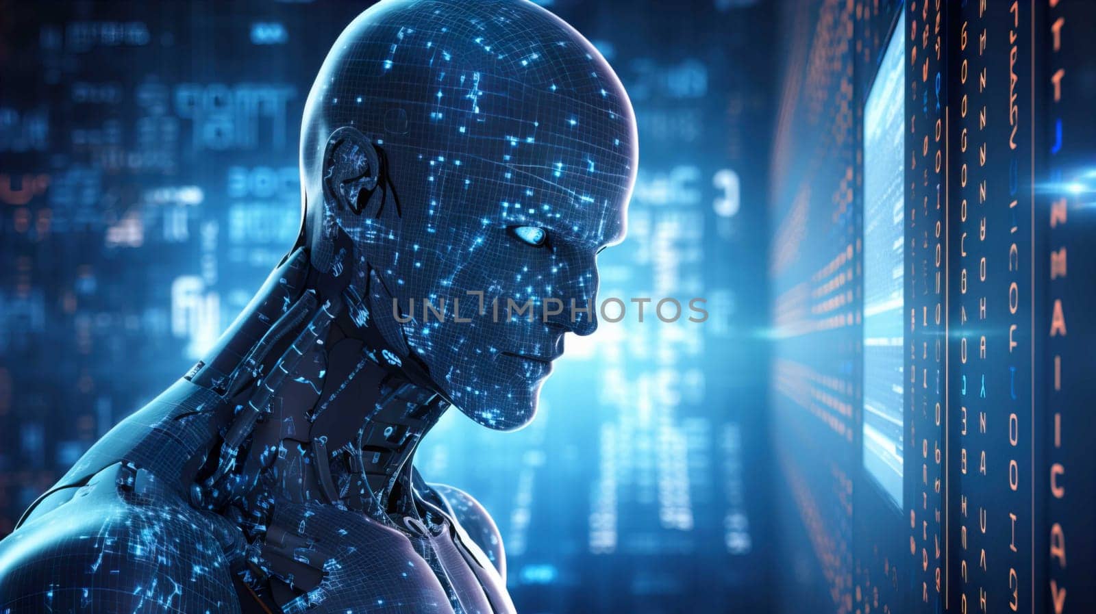 Artificial intelligence robot and binary ,Hologram of the artificial intelligence robot showing up from binary code , Generate AI