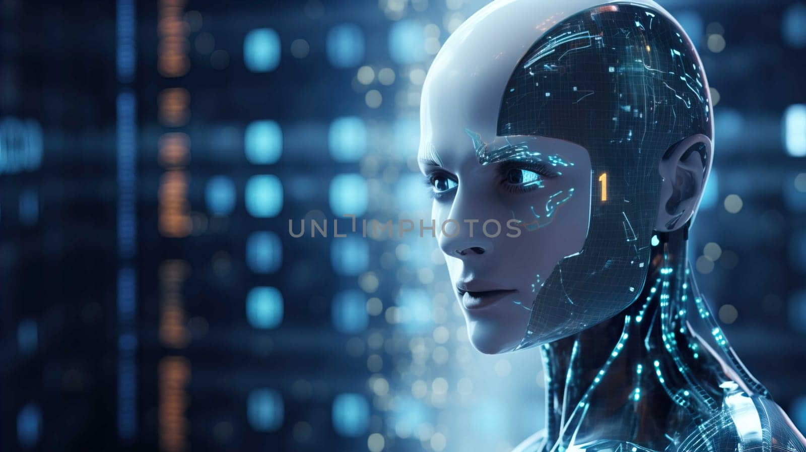 Artificial intelligence robot and binary ,Hologram of the artificial intelligence robot showing up from binary code , Generate AI
