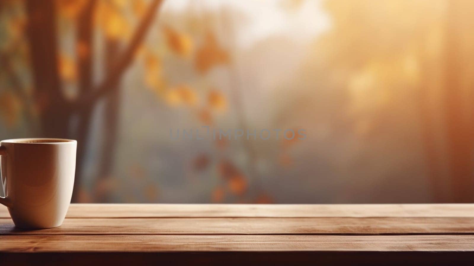 Latte, coffee or cappuccino mug on wooden table in a cafe, beautiful with natural light, vintage tones, food and drink. Copy space for text banner by sergeykoshkin