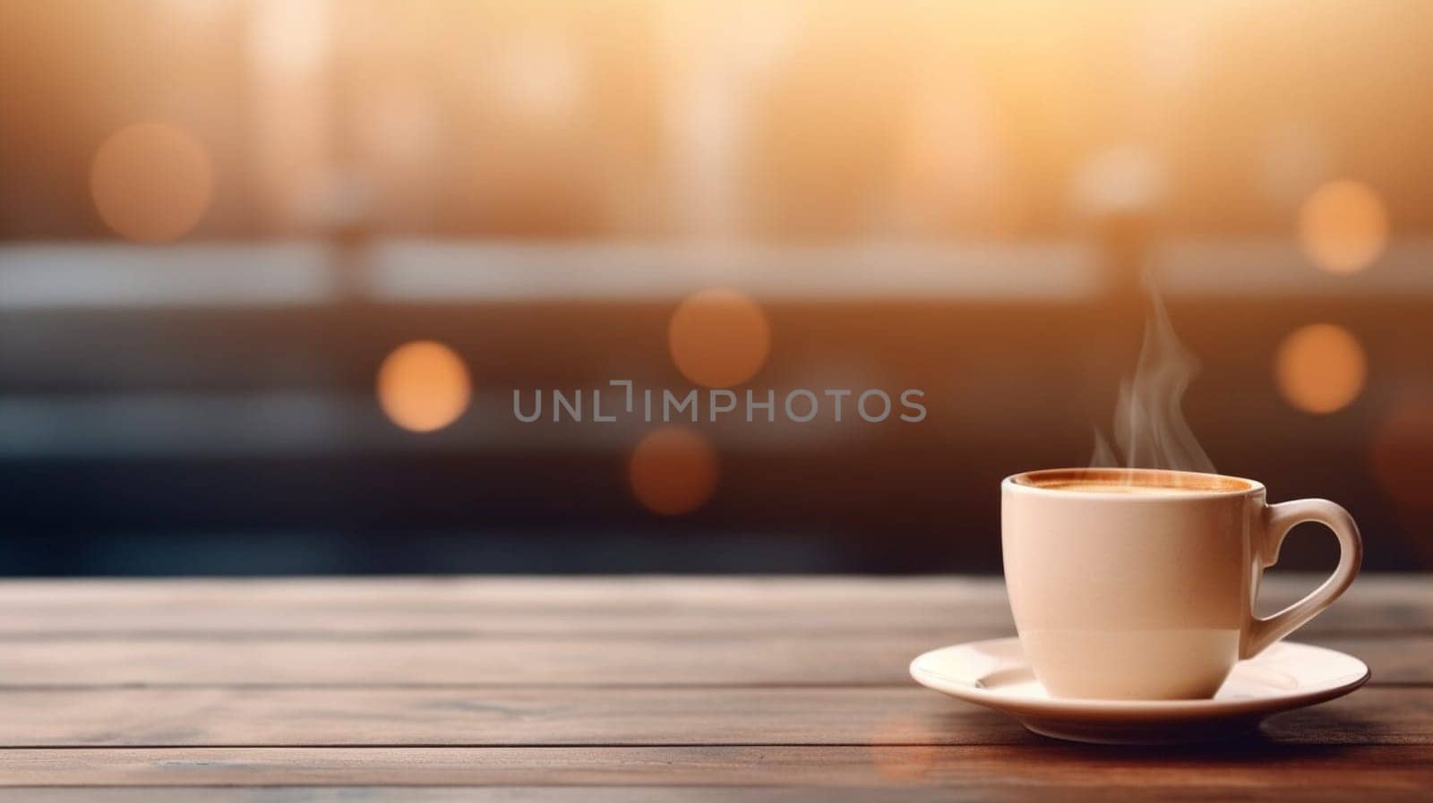 Latte, coffee or cappuccino mug on wooden table in a cafe, beautiful with natural light, vintage tones, food and drink. Copy space for text banner by sergeykoshkin