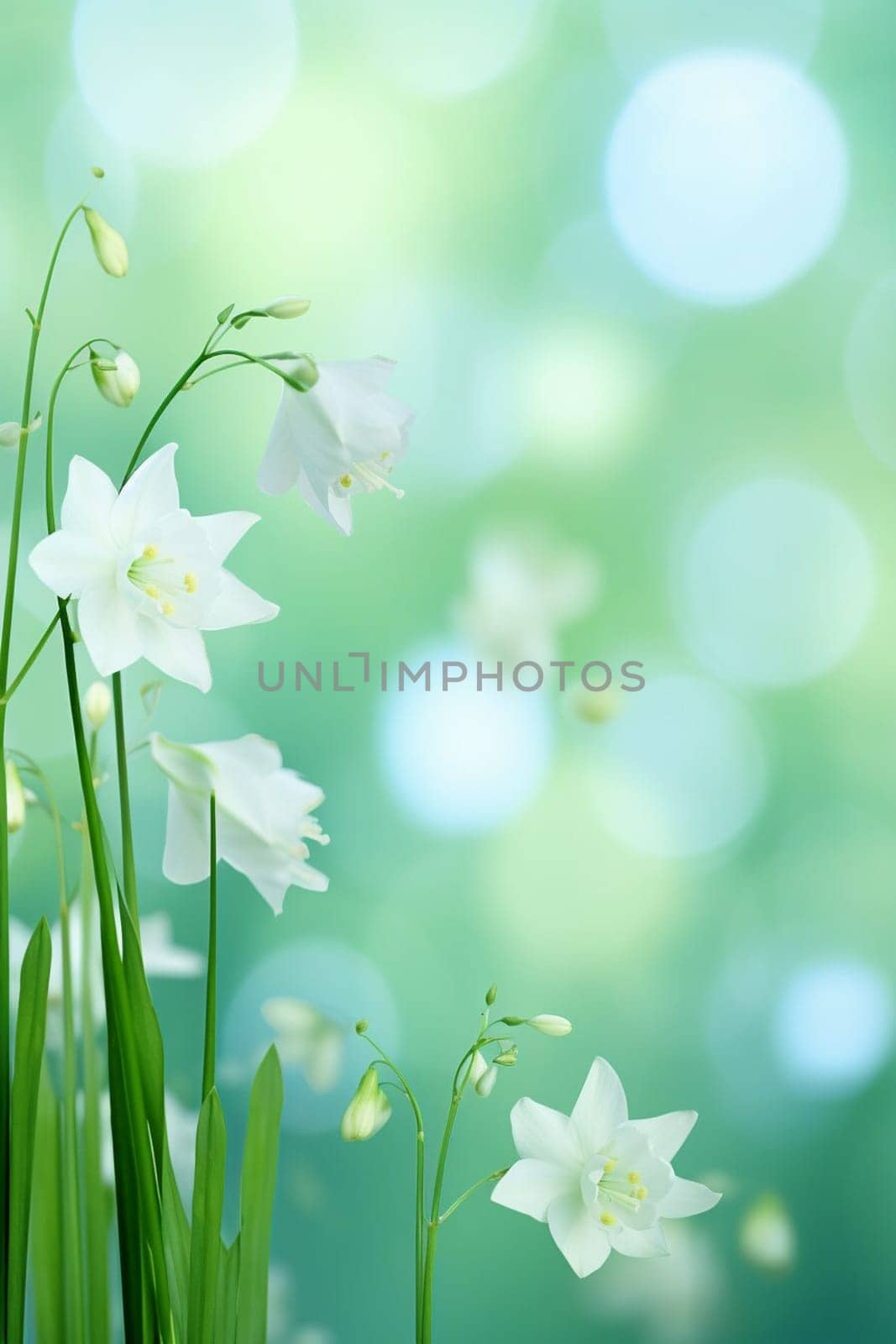 Green spring and summer background with beautiful white flowers.