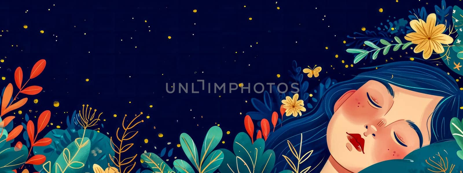 person at rest, surrounded by an array of vibrant, stylized flora under a starry night sky, creating a serene and dreamy atmosphere, banner with copy space