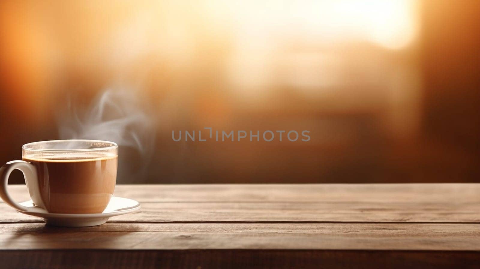 Latte, coffee or cappuccino mug on wooden table in a cafe, beautiful with natural light, vintage tones, food and drink. Copy space for text banner.